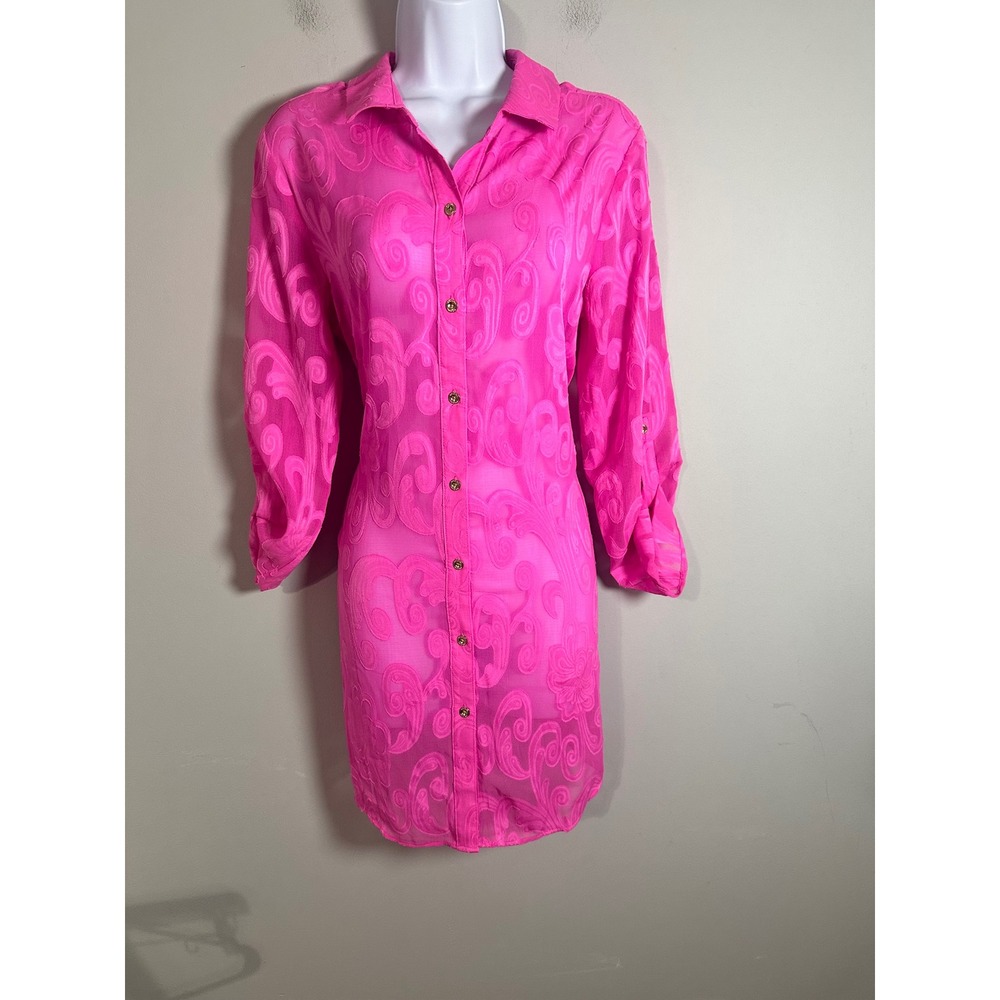 Lilly Pulitzer Natalie Shirt Dress Dragonfruit Pink Burnout Paisley Cover Up S - Picture 2 of 8